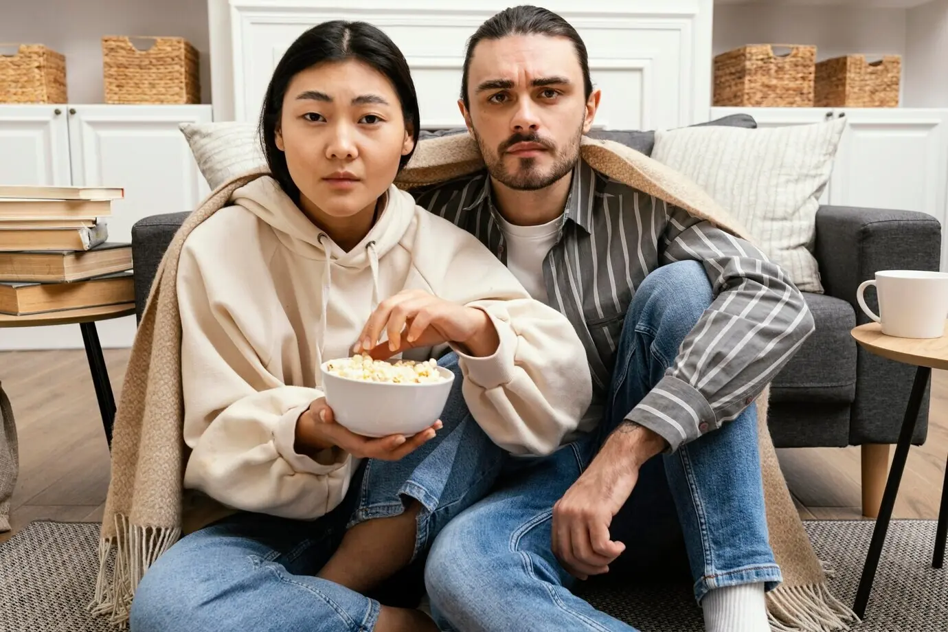 Ein Paar wird mit einer Decke eingewickelt.