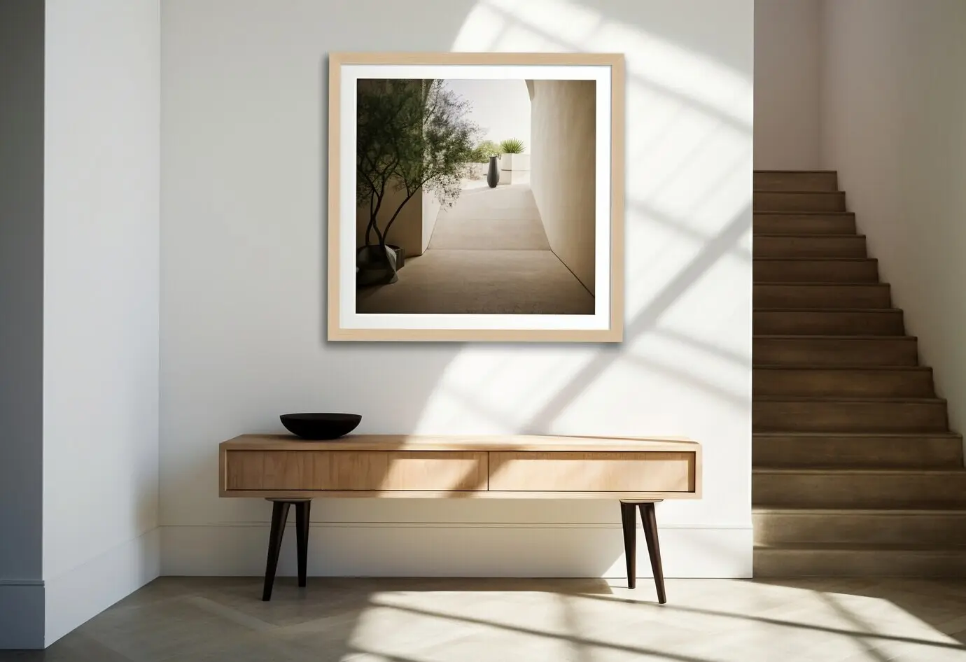 Blick auf einen modernen Eingangsbereich mit innenarchitektonisch gestalteten Möbeln.