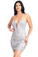 DEEP-V TRIM NECK OPEN BACK STRAP GLITTER DRESS