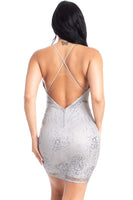 DEEP-V TRIM NECK OPEN BACK STRAP GLITTER DRESS