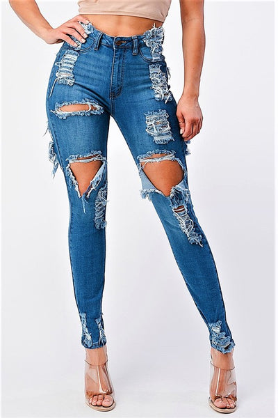 HIGH RISE DESTROYED SKINNY JEANS