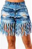 HIGH RISE PATCHWORK FRINGE SHORTS