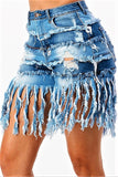 HIGH RISE PATCHWORK FRINGE SHORTS