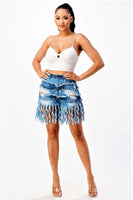 HIGH RISE PATCHWORK FRINGE SHORTS