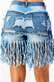 HIGH RISE PATCHWORK FRINGE SHORTS