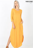 SLEEVE ROUND NECK MAXI DRESS WITH SIDE SLITS & POCKETS