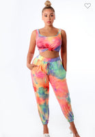 TIE DYE PRINT SLEEVELESS ROUND NECK CROP AND POCKET ELASTIC WAIST LONG PANT