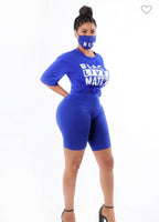 BLACK LIVES MATTER LETTER DETAIL ROUND NECK SHORT SLEEVE TOP AND MIDI PANT WITH MASK 3PC SET