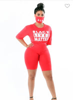 BLACK LIVES MATTER LETTER DETAIL ROUND NECK SHORT SLEEVE TOP AND MIDI PANT WITH MASK 3PC SET