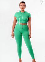 SHORT SLEEVE HODIE CROP TOP AND LONG PANT 2PC SET