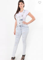 Destroyed skinny denim overall with buttons and pockets accent