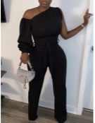 ONE SHOULDER HOLLOW OUT BLACK ONE PIECE JUMPSUIT