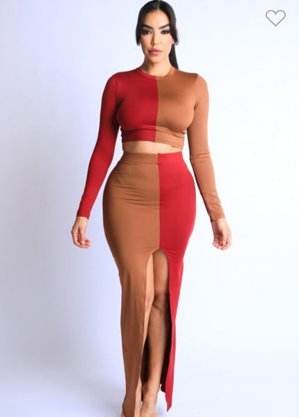 COLOR BLOCKED MAXI SKIRT FRONT SLIT SET