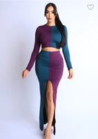 COLOR BLOCKED MAXI SKIRT FRONT SLIT SET