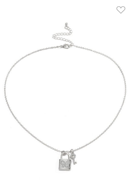 Silver Rhinestone Lock & Key Pendant Necklace