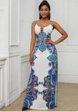 LOW CUT COLORFUL PRINTED SPAGHETTI STRAP MAXI DRESS