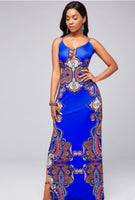 LOW CUT COLORFUL PRINTED SPAGHETTI STRAP MAXI DRESS