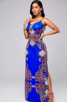 LOW CUT COLORFUL PRINTED SPAGHETTI STRAP MAXI DRESS