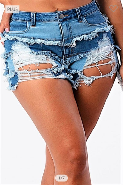 PLUS SIZE HIGH RISE PATCHWORK SHORTS