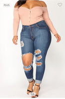 PLUS SIZE HIGH RISE DESTROYED CUFFED JEANS