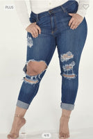 PLUS SIZE HIGH RISE DESTROYED CUFFED JEANS