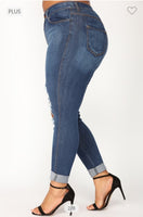 PLUS SIZE HIGH RISE DESTROYED CUFFED JEANS