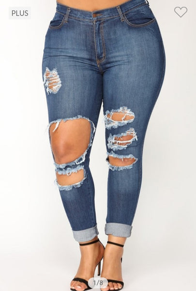 PLUS SIZE HIGH RISE DESTROYED CUFFED JEANS