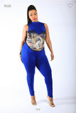 PLUS SIZE PORTRAIT PRINTED FAUX CORSET JUMPSUIT