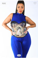 PLUS SIZE PORTRAIT PRINTED FAUX CORSET JUMPSUIT