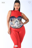 PLUS SIZE PORTRAIT PRINTED FAUX CORSET JUMPSUIT