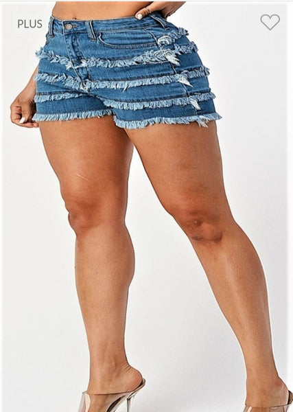 PLUS SIZE HIGH RISE PATCHWORK SHORTS