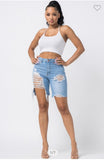 DENIM BIKER SHORTS WITH DISTRESS THIGH DETAIL