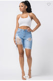 DENIM BIKER SHORTS WITH DISTRESS THIGH DETAIL