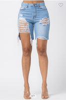 DENIM BIKER SHORTS WITH DISTRESS THIGH DETAIL