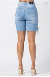 DENIM BIKER SHORTS WITH DISTRESS THIGH DETAIL