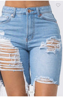 DENIM BIKER SHORTS WITH DISTRESS THIGH DETAIL