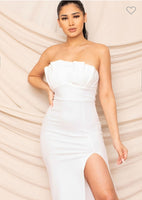 FAN SHAPE TOP STRAPLESS MIDI DRESS