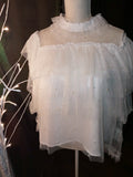 SHEER SLEEVE PEARL EMBELLISHED TIERED TULLE TOP