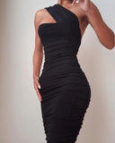 ONE SHOULDER SLEEVELESS RUCHED BODYCON DRESS