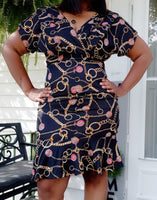 CHAIN PRINT SURPLICE PLEATED SLEEVE RUFFLE DRESS