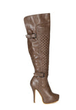 WOMEN KHAKI POINTY TOE PLATFORM QUILT OVER KNEE STILETTO HEEL BOOT