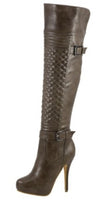 WOMEN KHAKI POINTY TOE PLATFORM QUILT OVER KNEE STILETTO HEEL BOOT