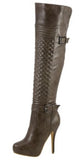 WOMEN KHAKI POINTY TOE PLATFORM QUILT OVER KNEE STILETTO HEEL BOOT