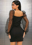 SHEER MESH FLOUNCE SLEEVE BODYCON DRESS