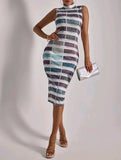 GRAPHIC PRINT MOCK NECK BODYCON DRESS