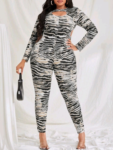 PLUS SIZE ZEBRA PRINTED CUT OUT JUMPSUIT