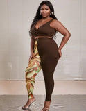 PLUS SIZE BUCKLED WRAPED CROP TANK TOP & PRINT LEGGINGS