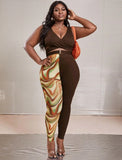 PLUS SIZE BUCKLED WRAPED CROP TANK TOP & PRINT LEGGINGS