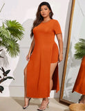 PLUS SIZE SLIT HEM LONG TEE BIKER SHORT-SET