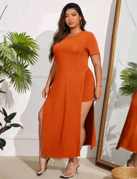 PLUS SIZE SLIT HEM LONG TEE BIKER SHORT-SET